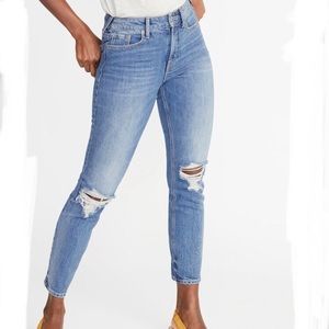 High rise “power” slim straight jeans